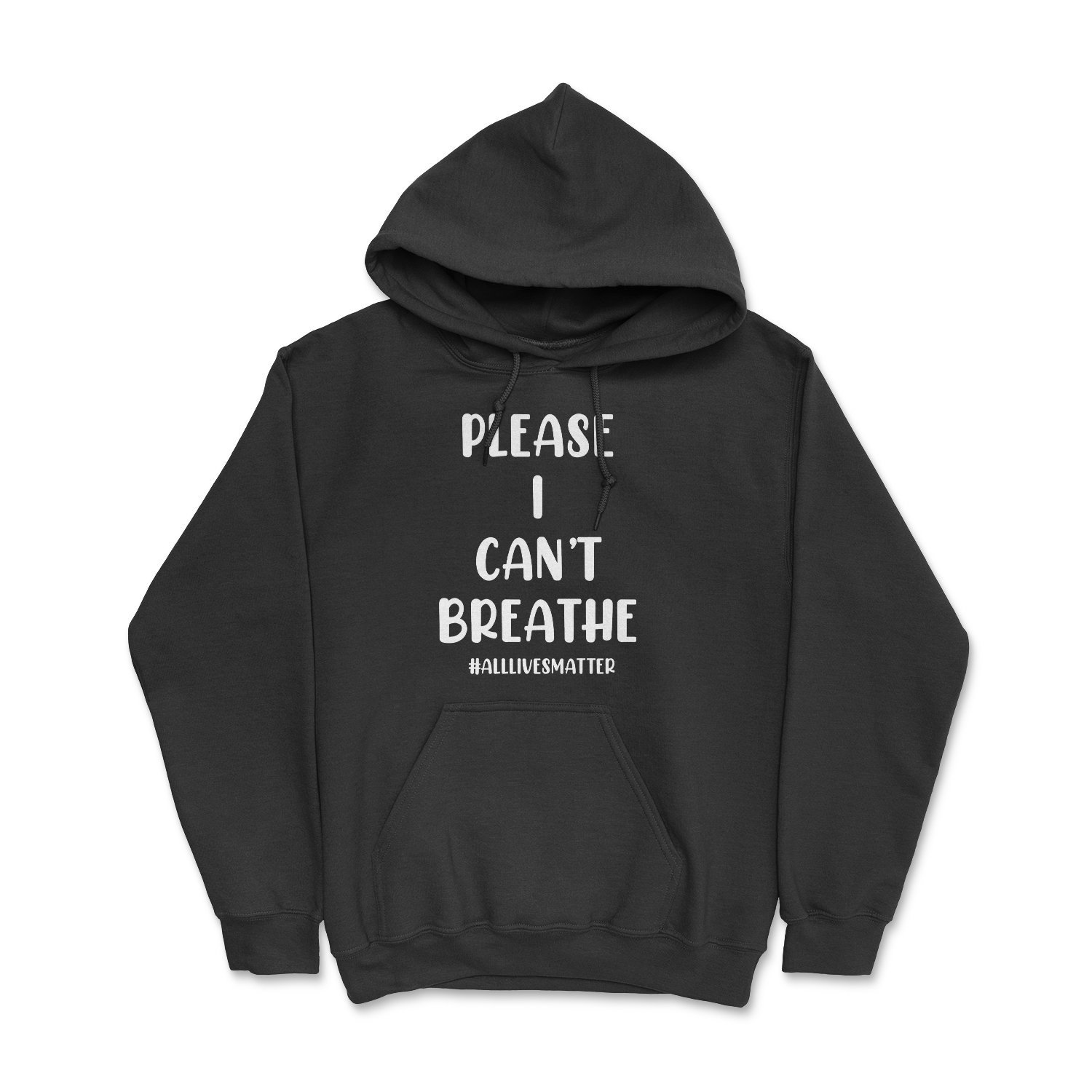A black hoodie featuring the phrase 'Please I Can't Breathe' printed in bold white letters, symbolizing support for social justice.