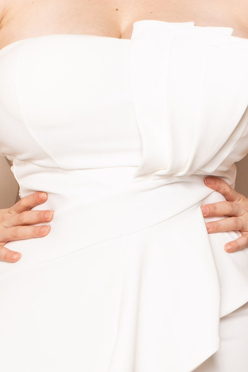 Pleated Detail Tube Top Plus Maxi Dress in ivory color, showcasing a stylish pleated design with a front ruffle and zipper back.