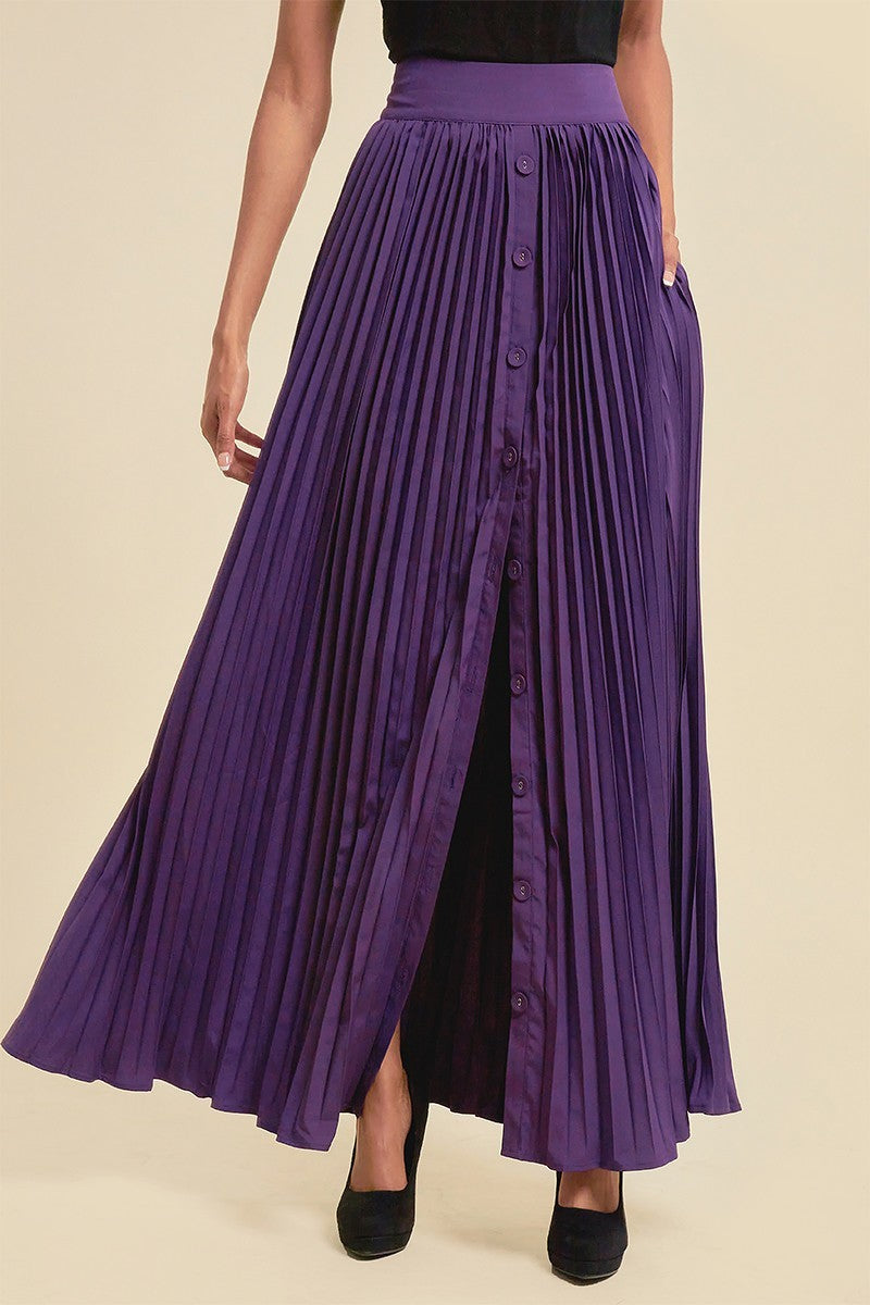 A stylish pleated skirt in regal purple featuring functional buttons and pockets, perfect for various occasions.