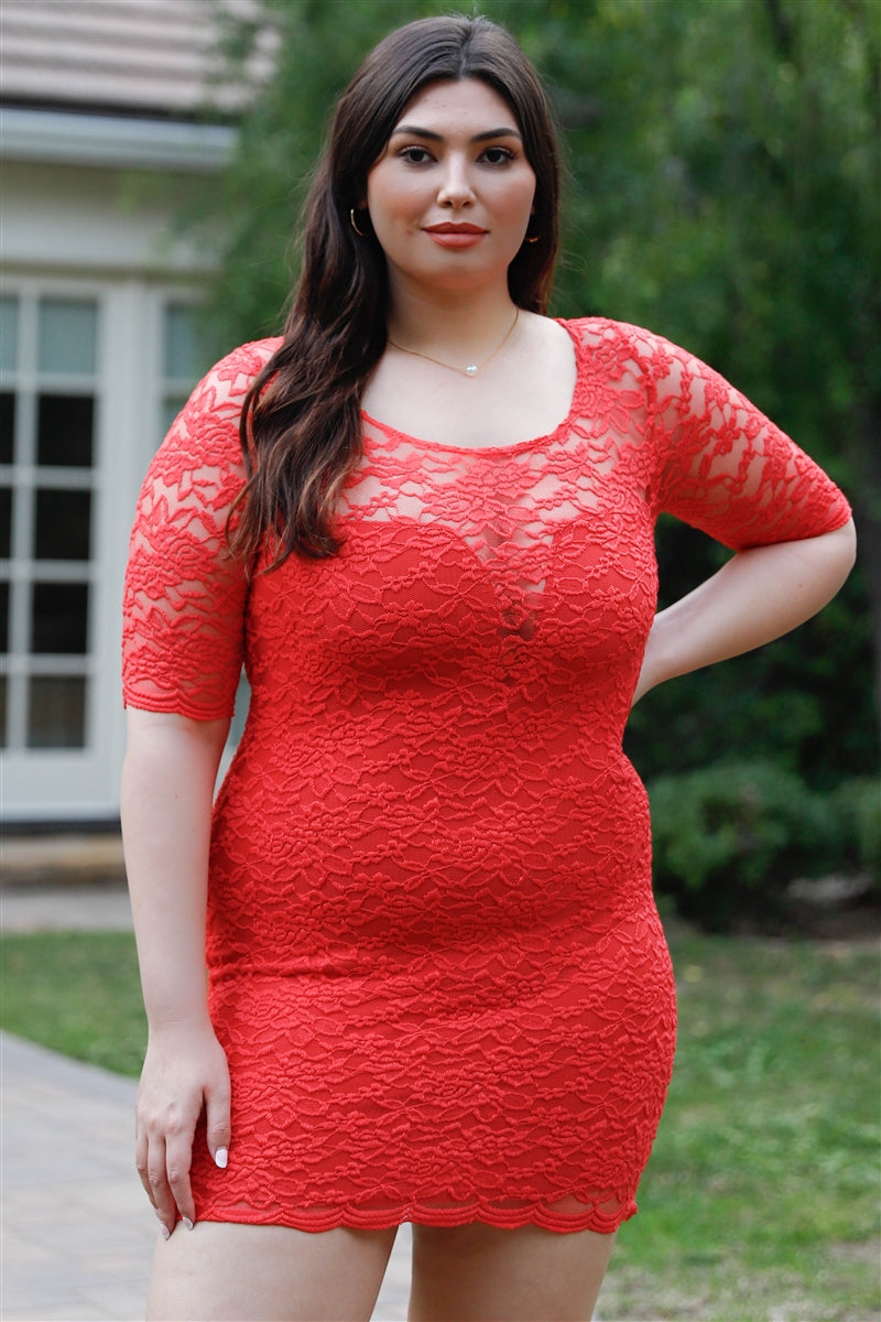A stylish Plus Lace Mini Dress in coral color featuring lace material, midi sleeves, and a round neckline, designed for plus-size women.