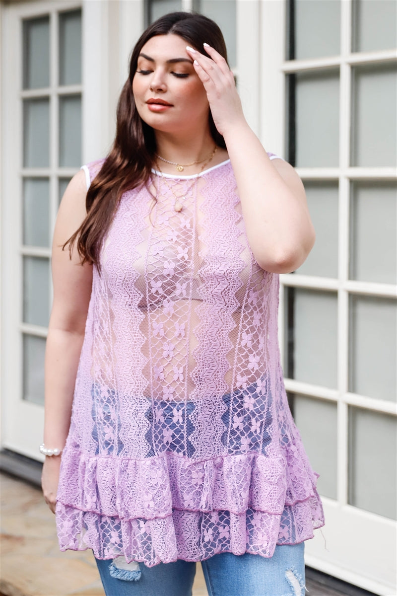 Plus Lace Sheer Ruffle Hem Sleeveless Maxi Top in lavender, featuring lace sheer material and ruffle hem.