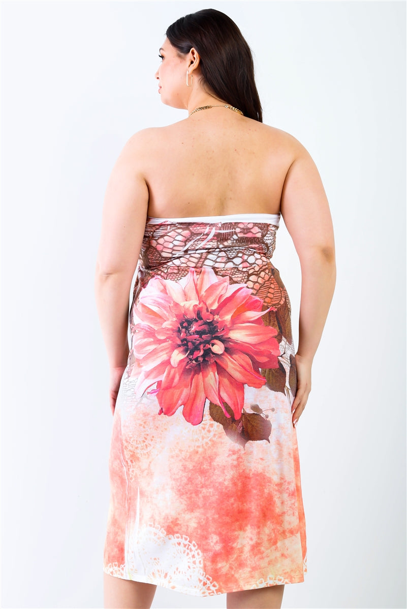 A stylish plus-size peach flower print sleeveless midi dress, featuring an elasticized top and a slim fit design, perfect for casual summer outings.