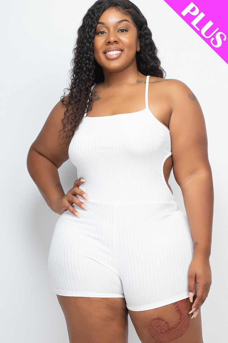 Plus size women's ribbed sleeveless bodycon romper with back cutout, showcasing soft fabric and stylish design.