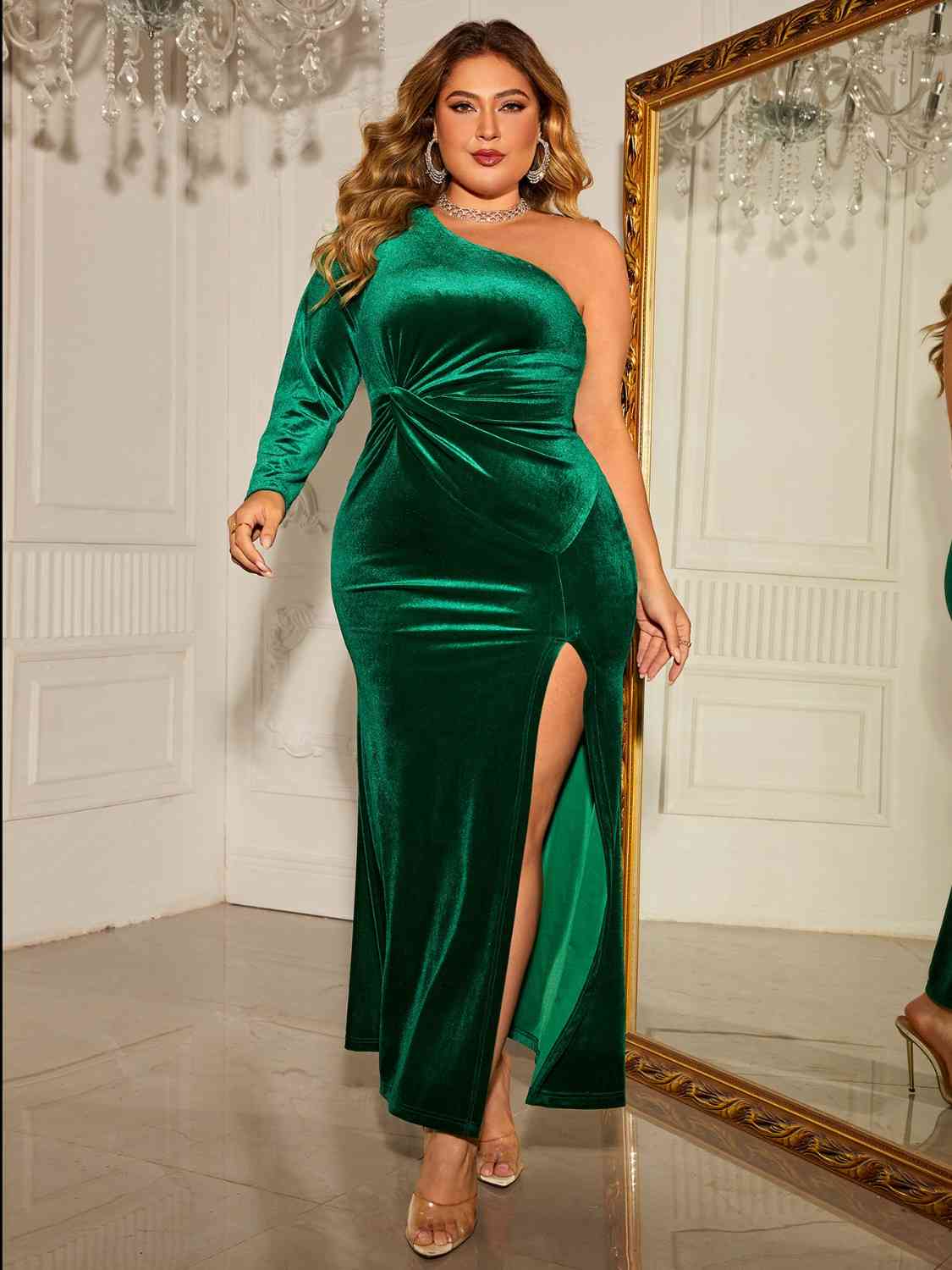 A stylish plus size one-shoulder twisted split dress in a flattering fit, showcasing elegant design and comfortable fabric.