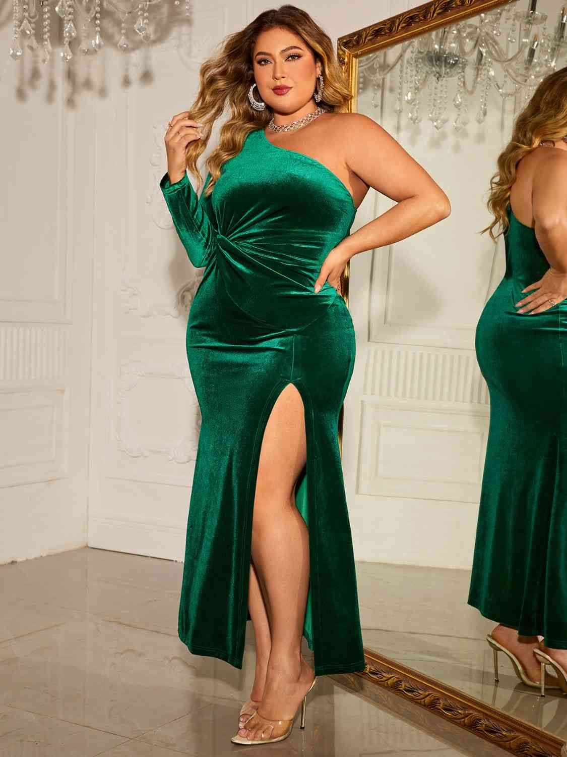 A stylish plus size one-shoulder twisted split dress in a flattering fit, showcasing elegant design and comfortable fabric.