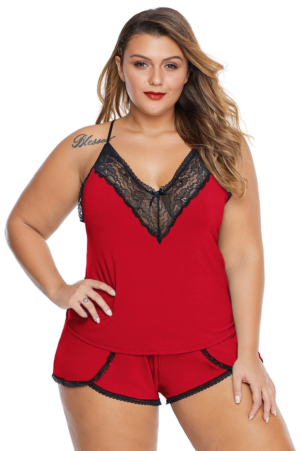 Plus Size Pajamas Cami Shorts Set featuring soft fabric, lace details, and adjustable straps, perfect for comfort and style.
