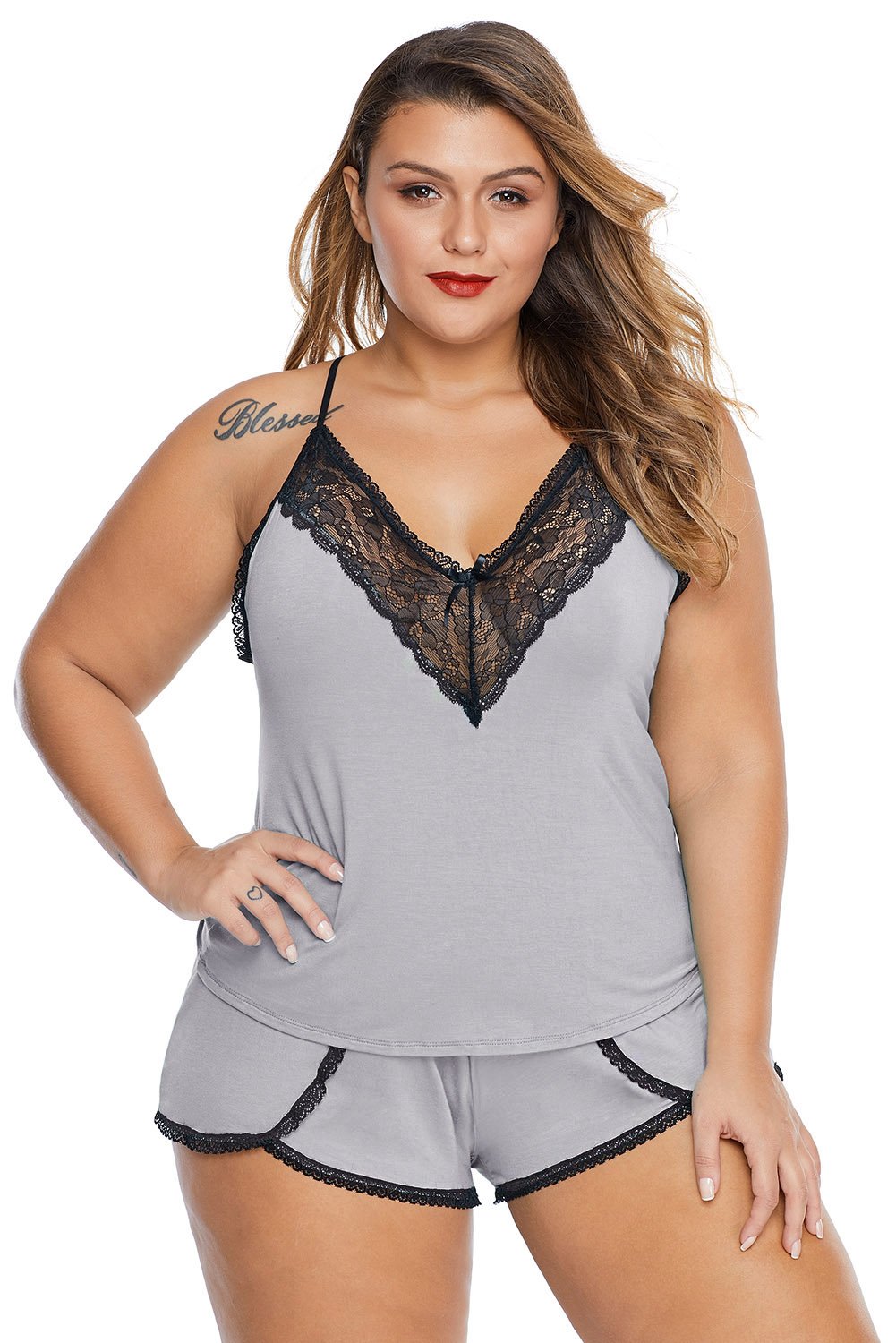 Plus Size Pajamas Cami Shorts Set featuring soft fabric, lace details, and adjustable straps, perfect for comfort and style.