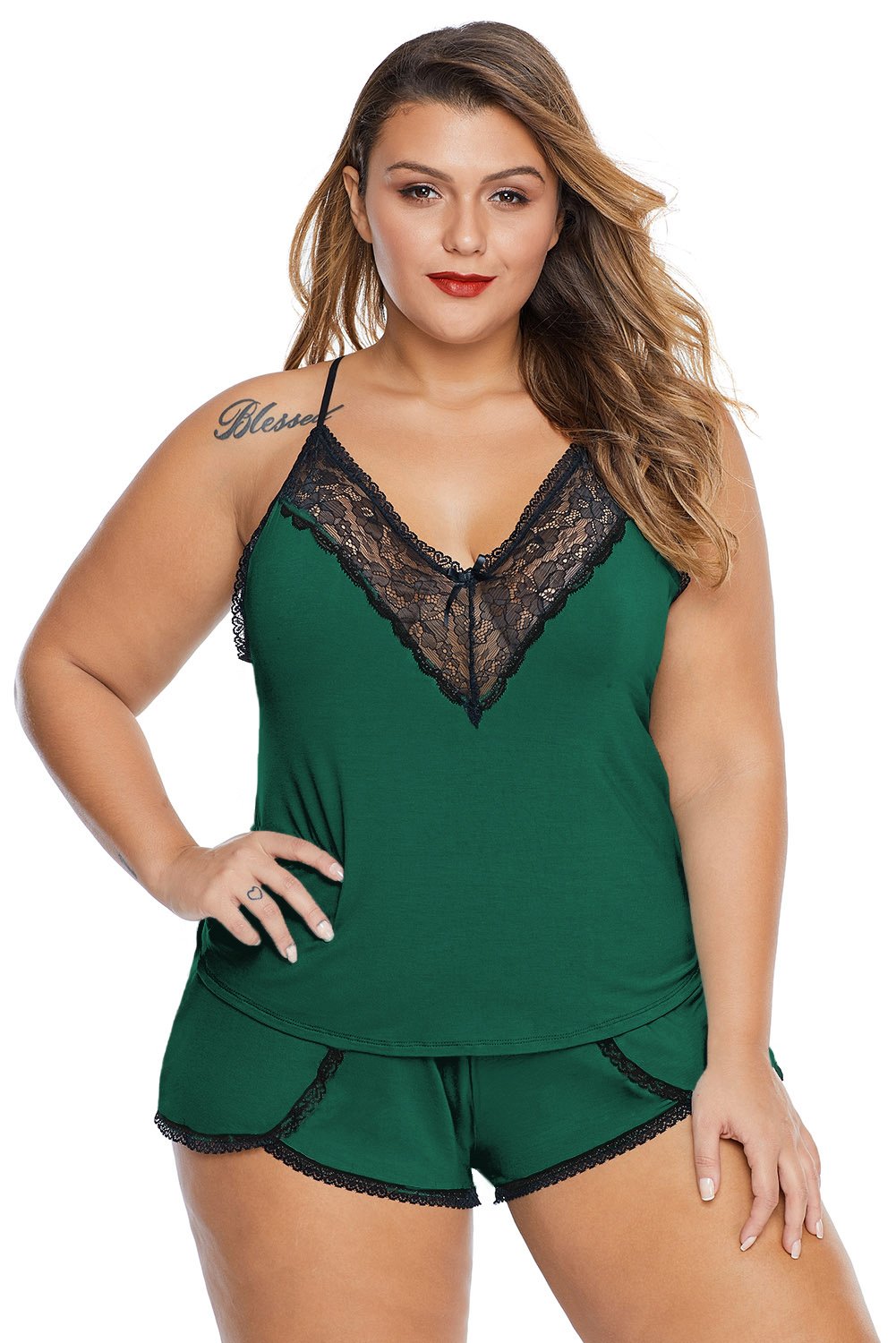 Plus Size Pajamas Cami Shorts Set featuring soft fabric, lace details, and adjustable straps, perfect for comfort and style.