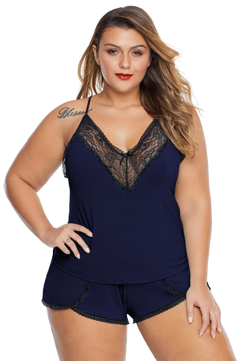 Plus Size Pajamas Cami Shorts Set featuring soft fabric, lace details, and adjustable straps, perfect for comfort and style.