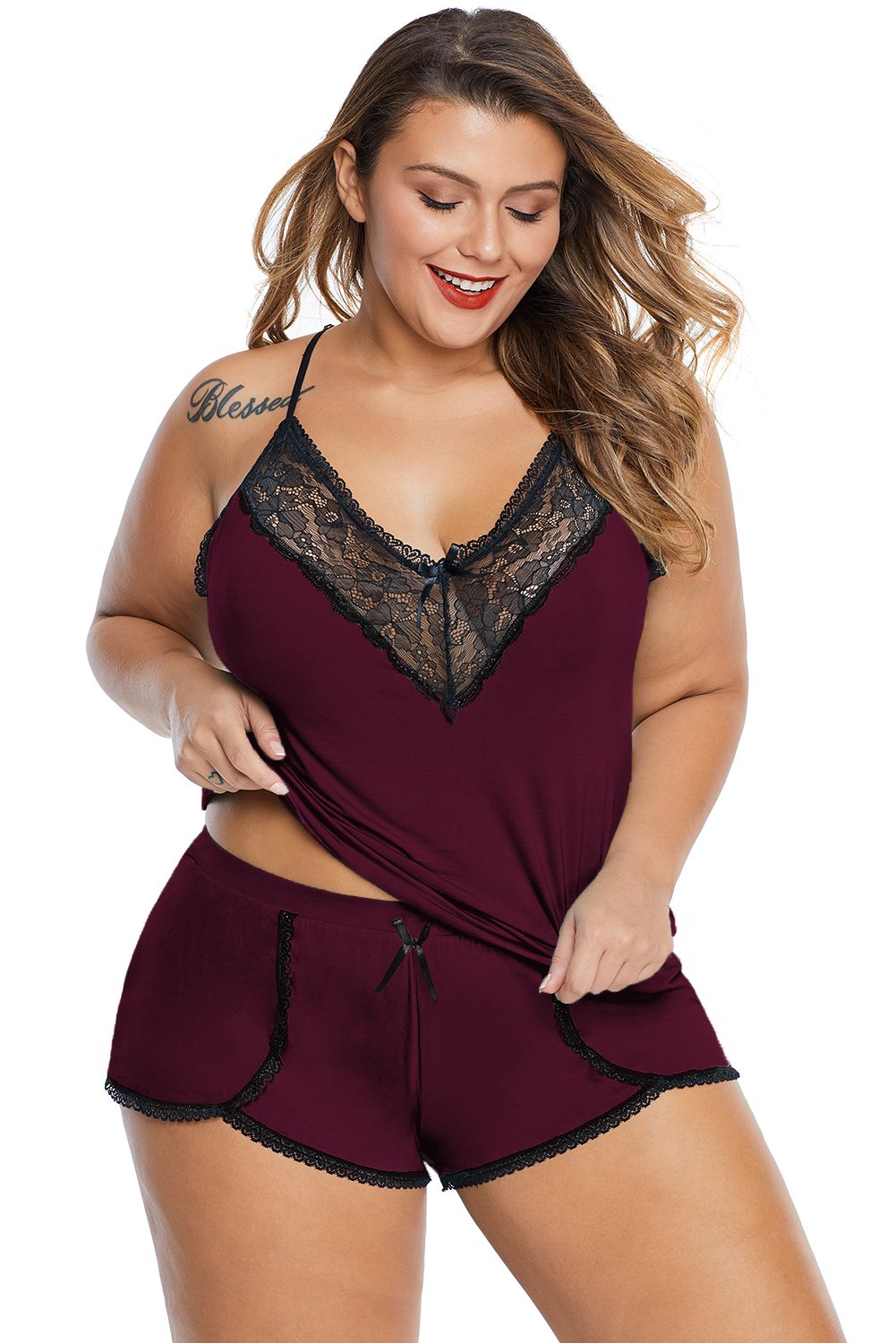Plus Size Pajamas Cami Shorts Set featuring soft fabric, lace details, and adjustable straps, perfect for comfort and style.