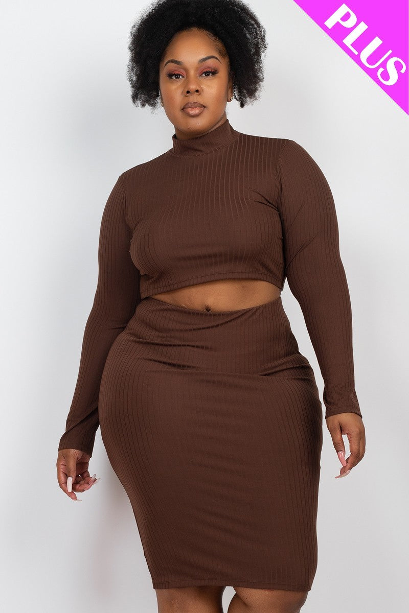 Plus Size Ribbed Mock Neck Crop Top and Midi Skirt Set in coffee color, showcasing soft ribbed fabric and stylish design.