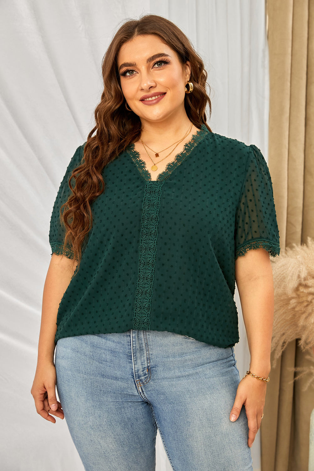 Plus Size Swiss Dot Spliced Lace V-Neck Blouse featuring elegant lace detailing and a stylish V-neckline, perfect for casual wear.