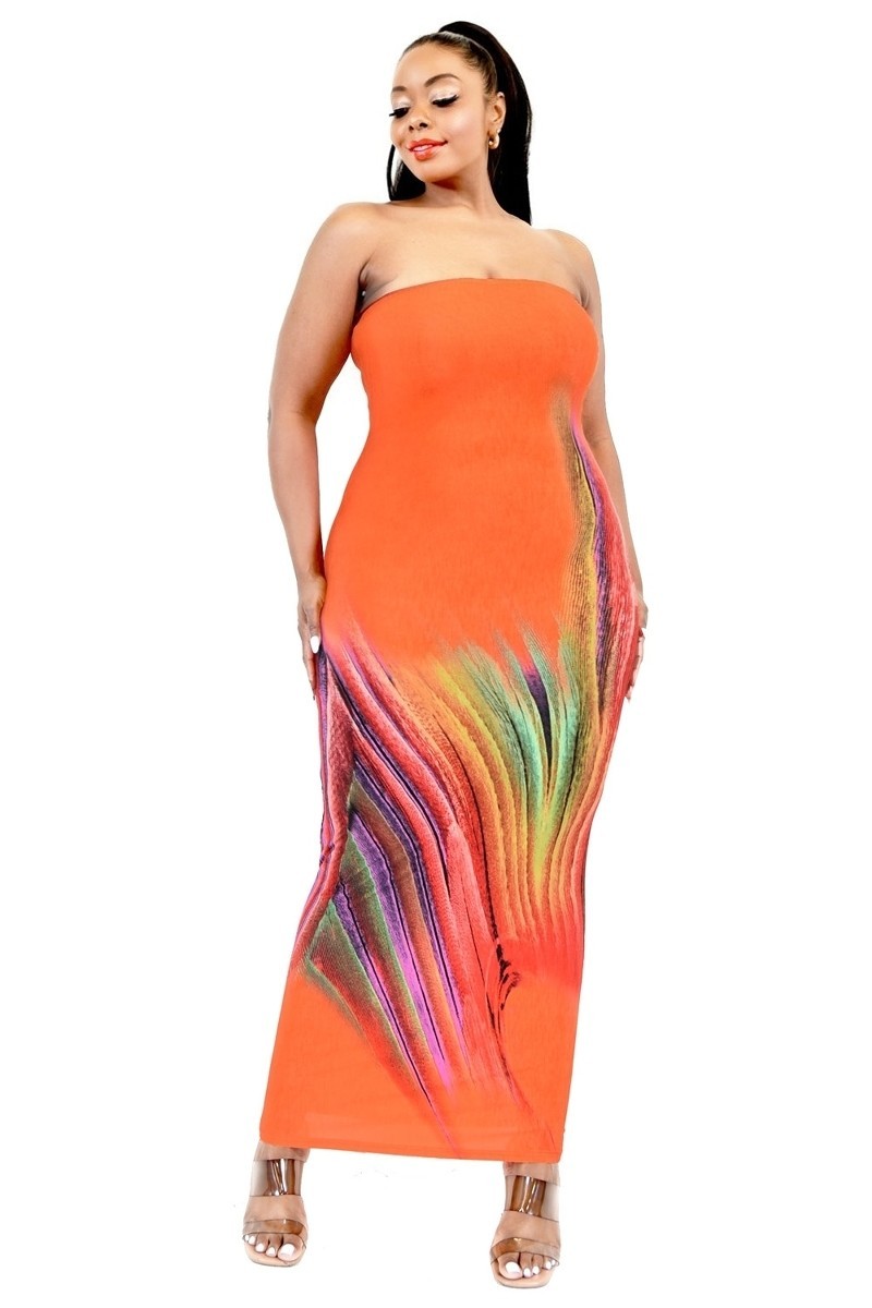 A vibrant Plus Sleeveless Color Gradient Tube Top Maxi Dress featuring an orange and multi-color gradient, designed for plus sizes with an off-shoulder style.