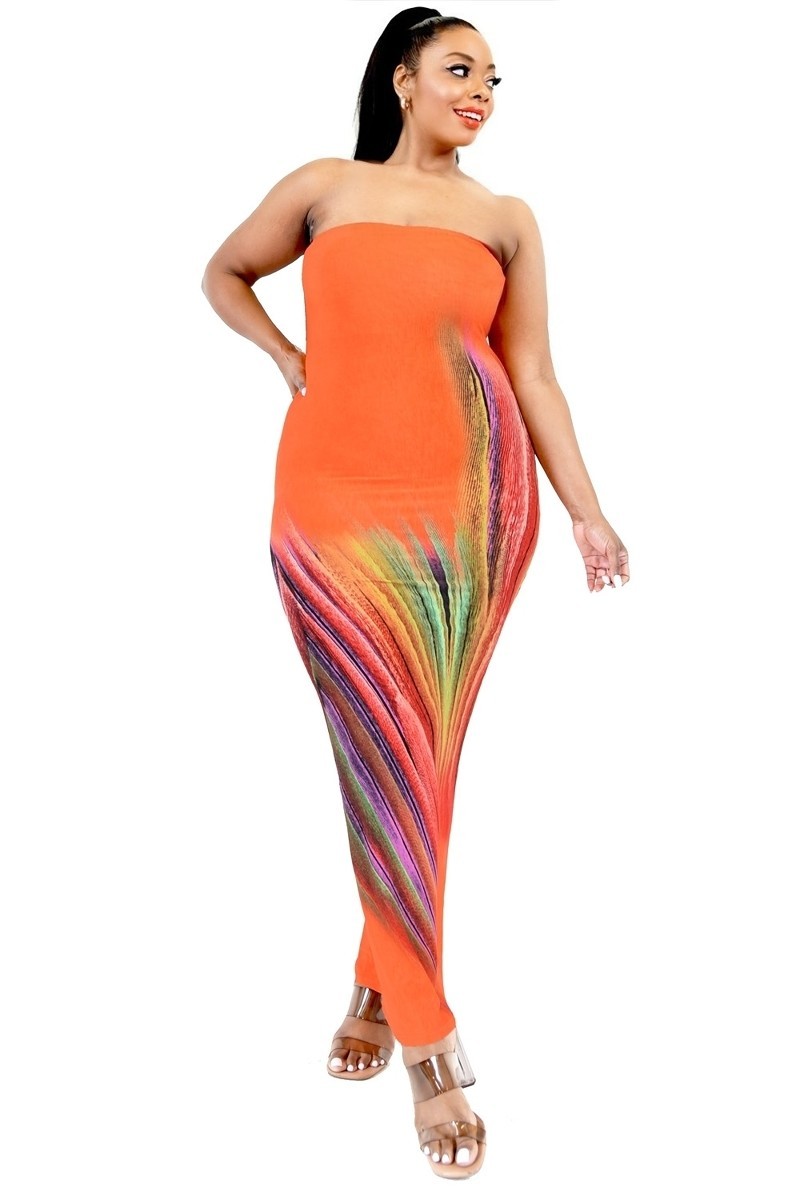 A vibrant Plus Sleeveless Color Gradient Tube Top Maxi Dress featuring an orange and multi-color gradient, designed for plus sizes with an off-shoulder style.