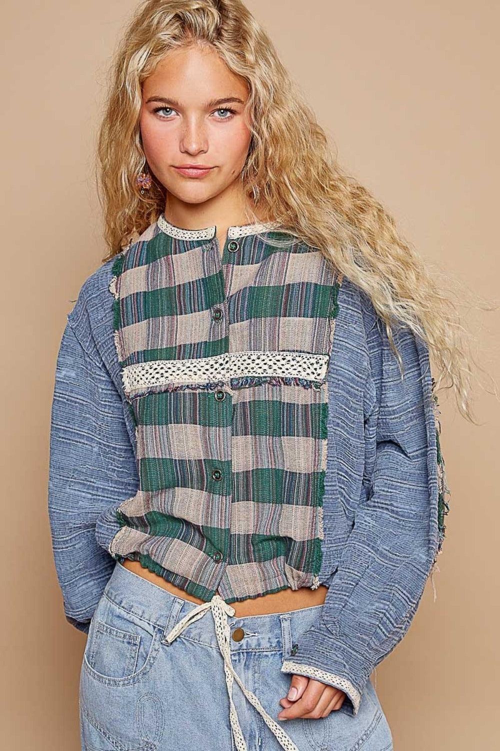 POL Round Neck Long Sleeve Plaid Shirt featuring balloon sleeves and plaid contrast design.
