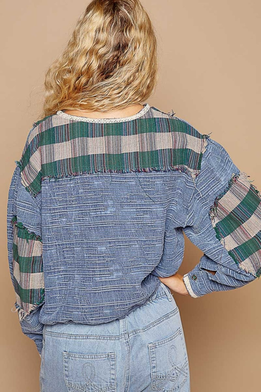 POL Round Neck Long Sleeve Plaid Shirt featuring balloon sleeves and plaid contrast design.