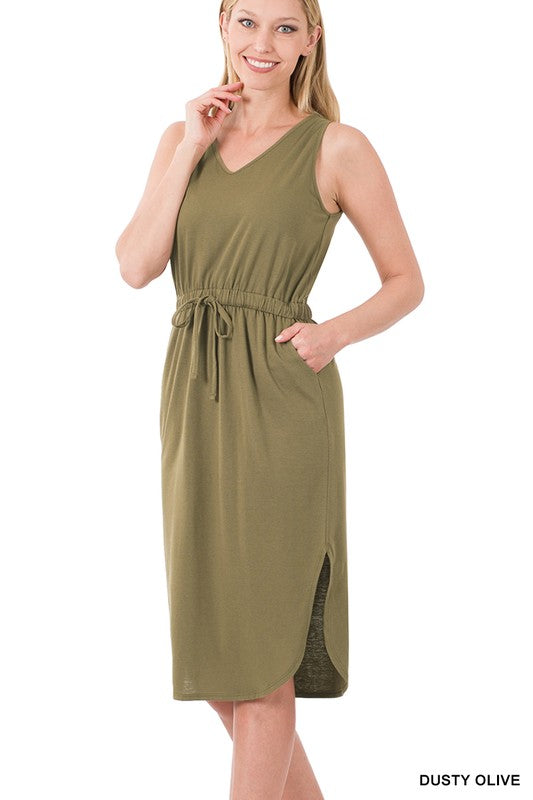 A stylish Poly Cotton Drawstring Waist Curved Hem Dress featuring a sleeveless design, V-neck cut, and elastic drawstring waist, perfect for summer wear.