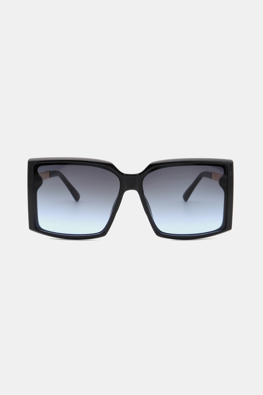 A pair of stylish square sunglasses with a polycarbonate frame and UV400 lenses, displayed in a protective case.