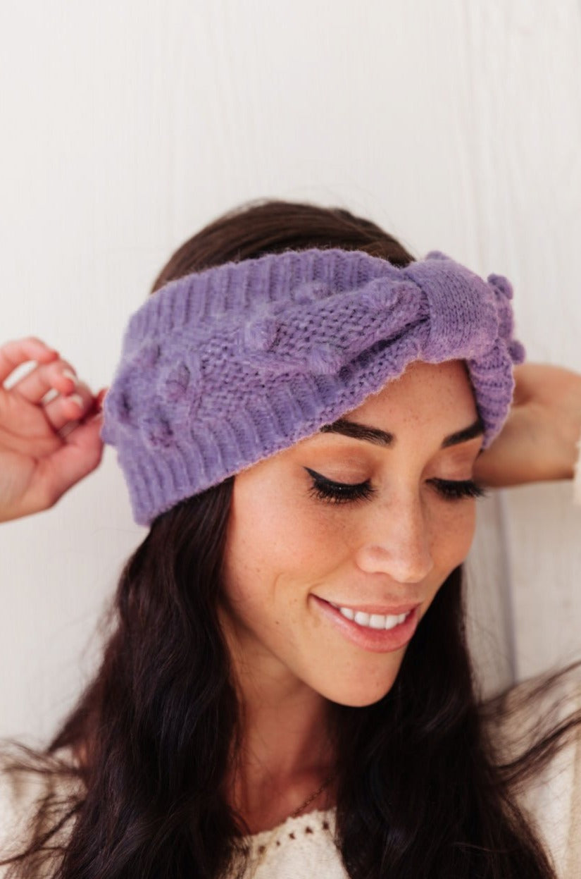 Pom Knit Head Wrap in Periwinkle with handmade baubles, showcasing a soft stretch knit design perfect for winter.