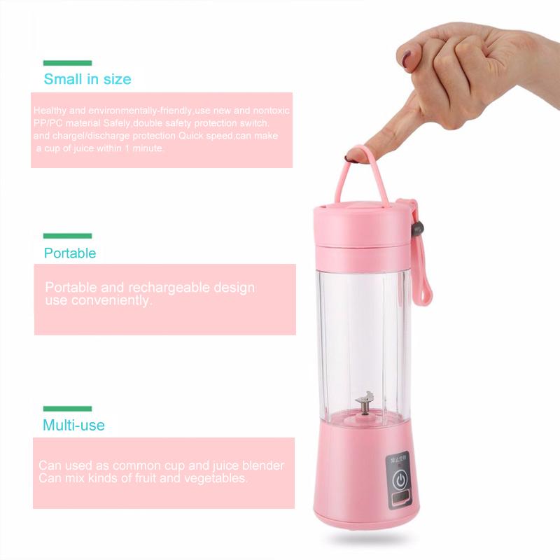 Portable Smoothie Blender in pink color, showcasing its compact design and USB charging port.