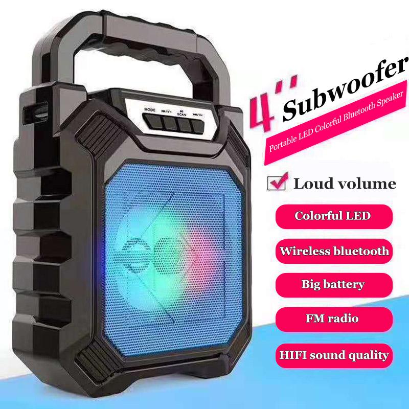 Portable Wireless Bluetooth Karaoke Speaker in three colors with LED lights, designed for outdoor use and bicycle rides.