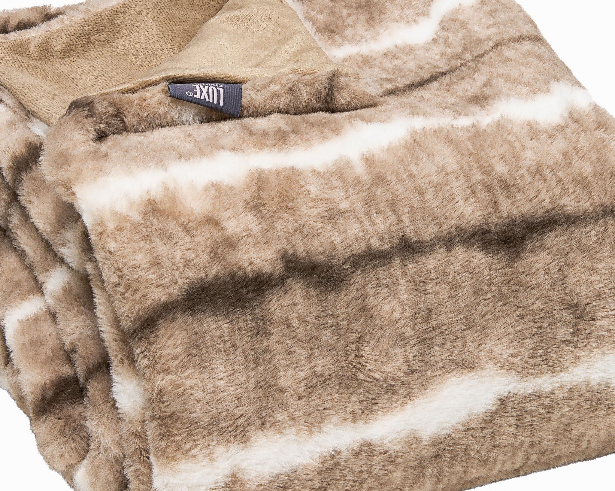 Premier Luxury Light Brown and White Faux Fur Throw Blanket showcasing its soft texture and elegant design.