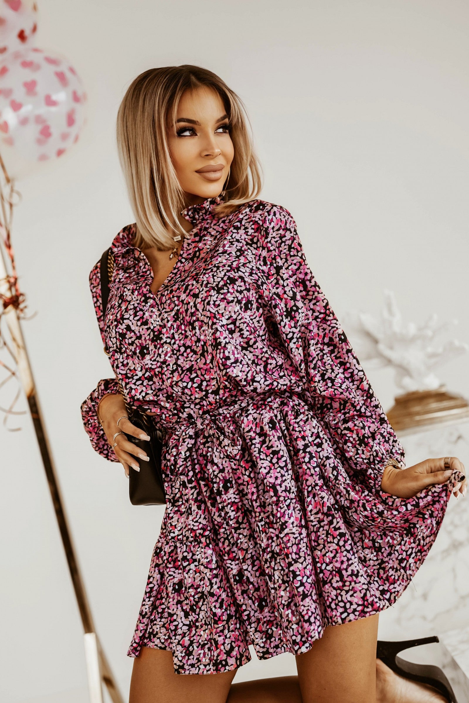 Elegant pink Print Mini Dress Bolsena with button-down collar and long sleeves, featuring a decorative belt and elastic waist.