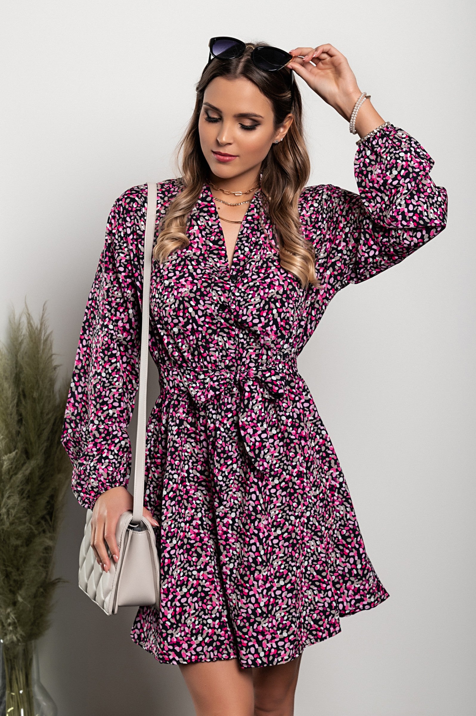 Elegant pink Print Mini Dress Bolsena with button-down collar and long sleeves, featuring a decorative belt and elastic waist.