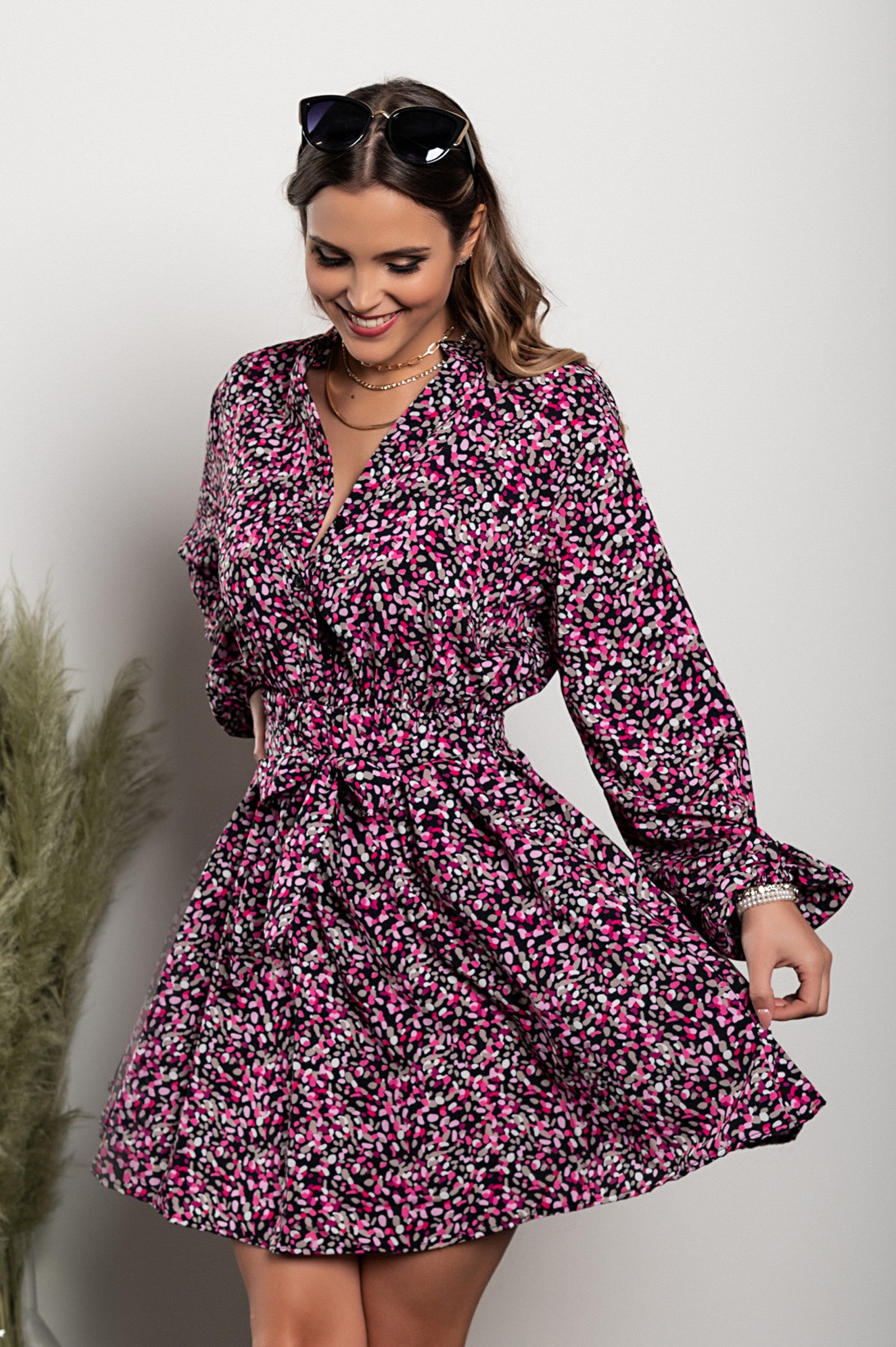 Elegant pink Print Mini Dress Bolsena with button-down collar and long sleeves, featuring a decorative belt and elastic waist.