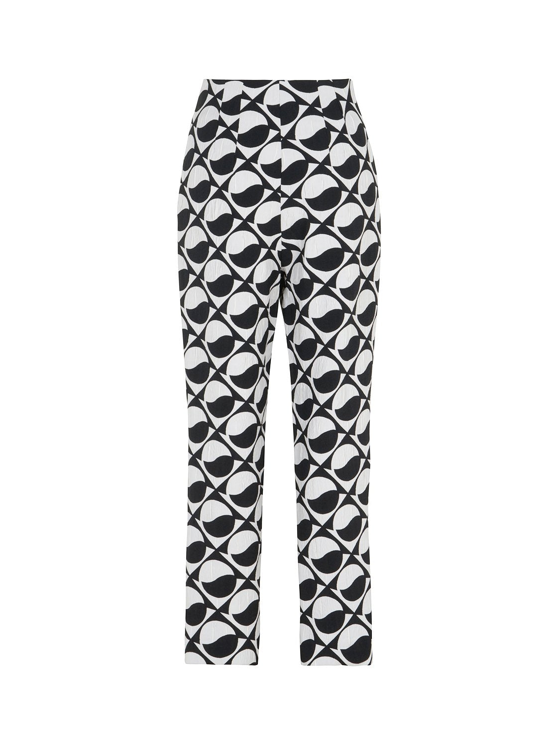 Stylish Printed High-Waisted Pants featuring a monochrome pattern with red and fuchsia accents, designed for a chic look.
