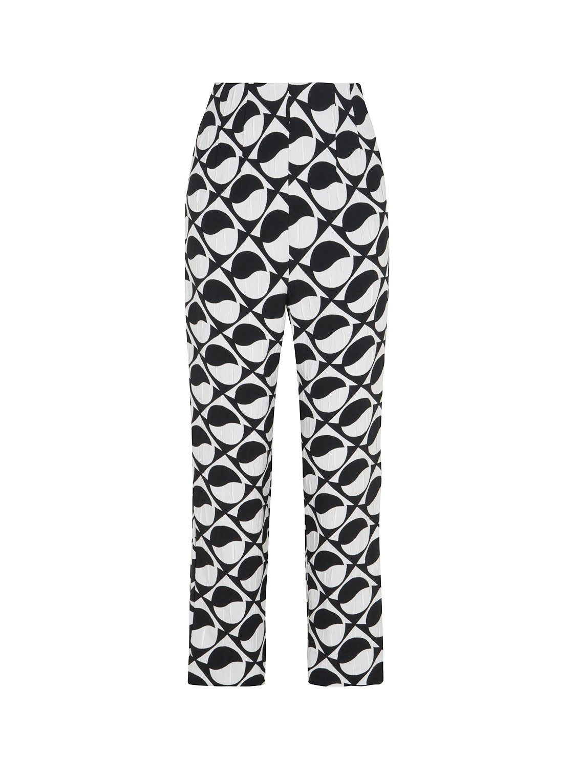 Stylish Printed High-Waisted Pants featuring a monochrome pattern with red and fuchsia accents, designed for a chic look.