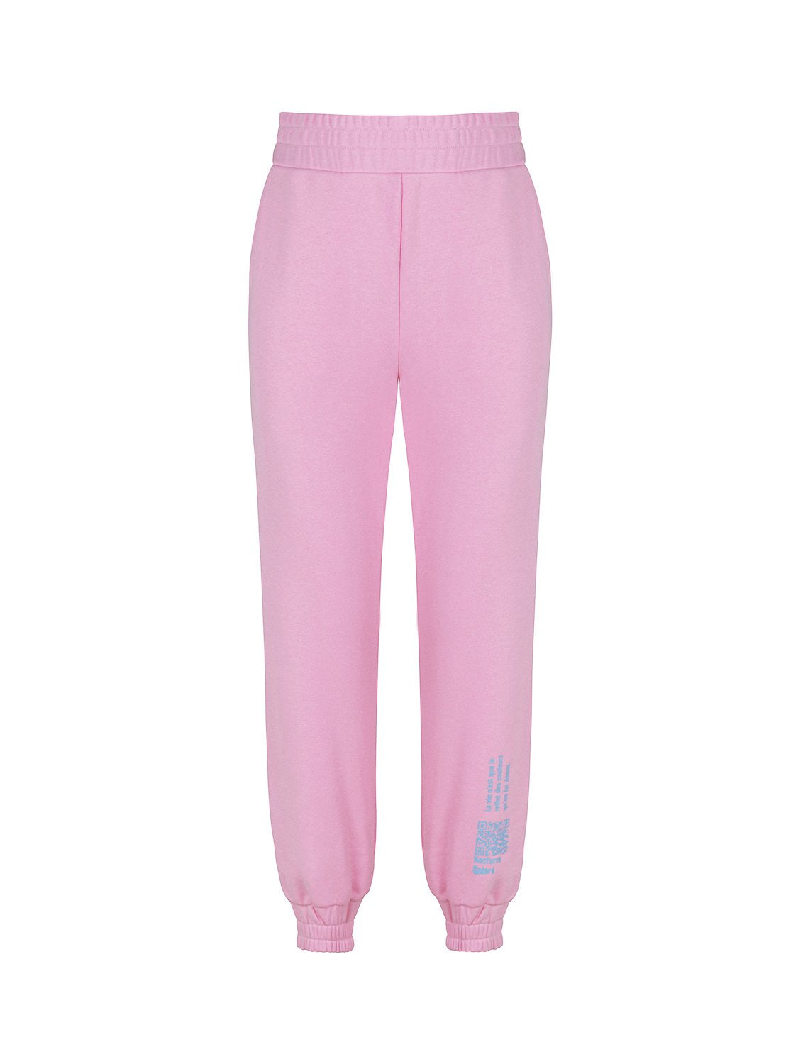 A pair of high-waisted ankle-length printed jogging pants featuring an elastic waistband and vibrant colors of orange, pink, and blue.