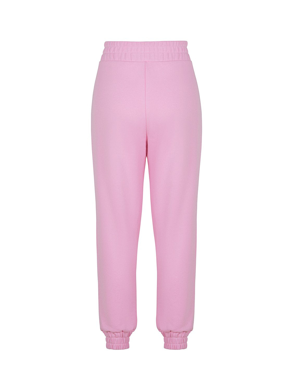 A pair of high-waisted ankle-length printed jogging pants featuring an elastic waistband and vibrant colors of orange, pink, and blue.