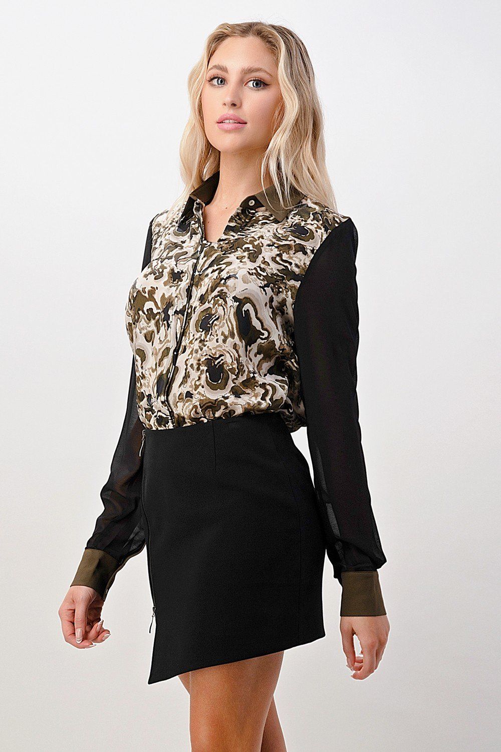 A stylish Silk Wavy Marble Printed Shirt Top in elegant silk fabric, featuring a unique wavy marble pattern, perfect for various occasions.