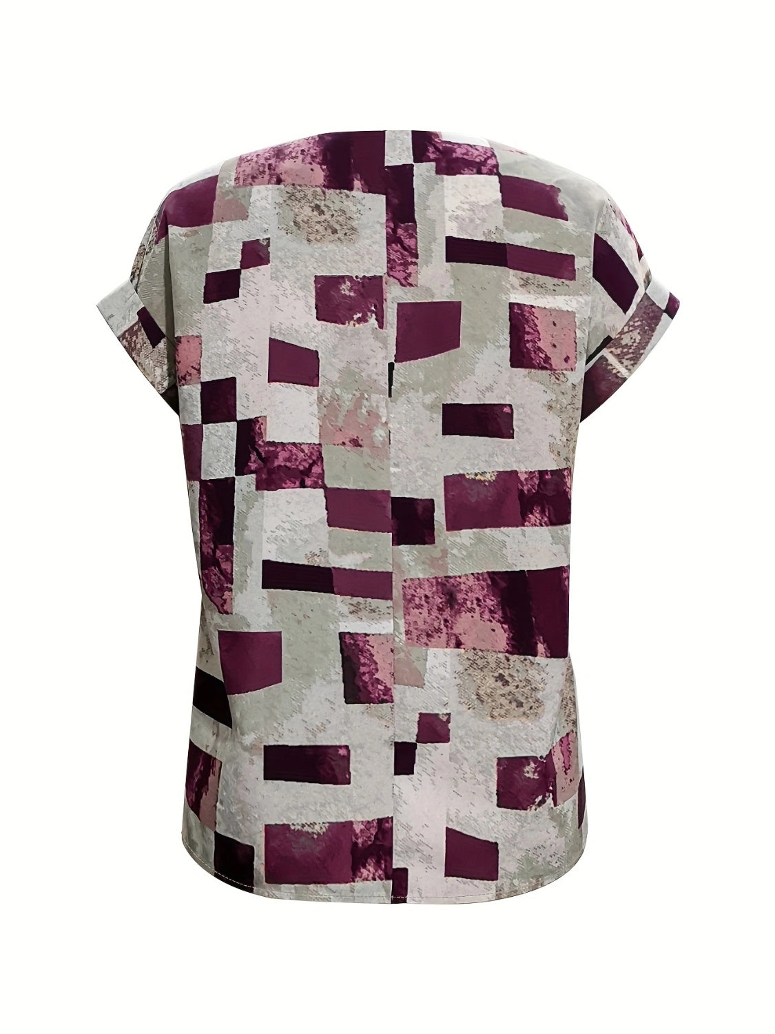 A stylish Printed Notched Short Sleeve Blouse featuring a chic neckline and short sleeves, made from a soft polyester blend.