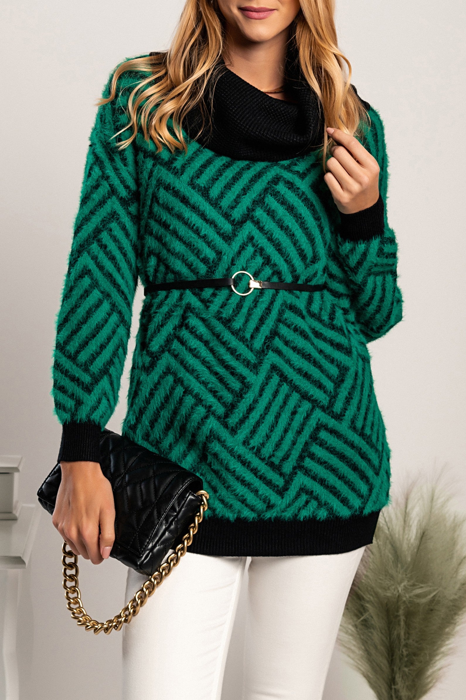 Stylish green and black printed tunic with belt, featuring long sleeves and a wide neck, perfect for versatile fashion combinations.
