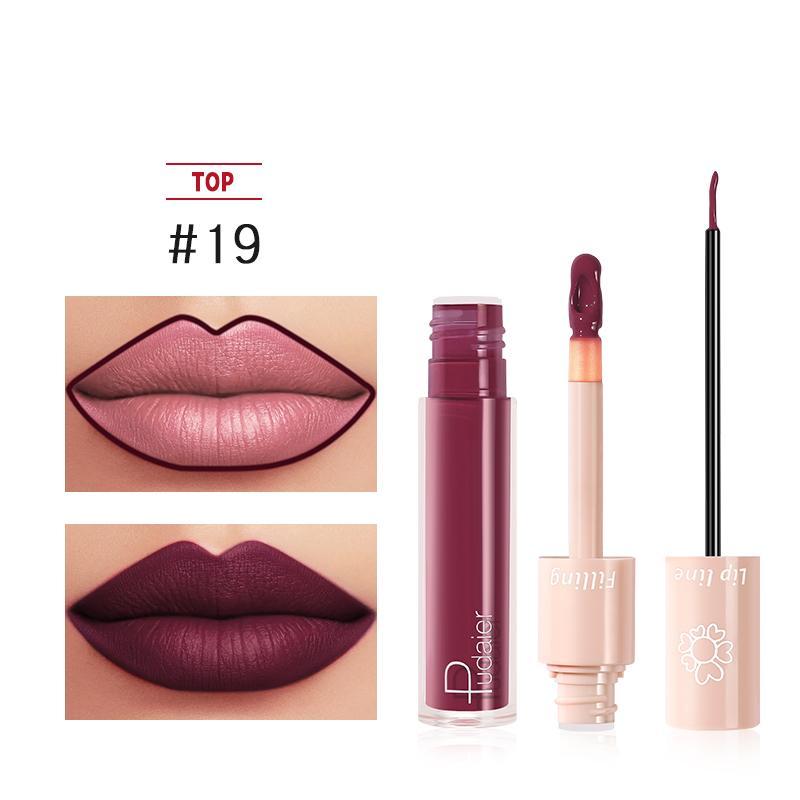 Pudaier Duo Lip Liner and Matte Liquid Lipstick in Color #19 Sangria, showcasing the luxurious packaging and vibrant shade.