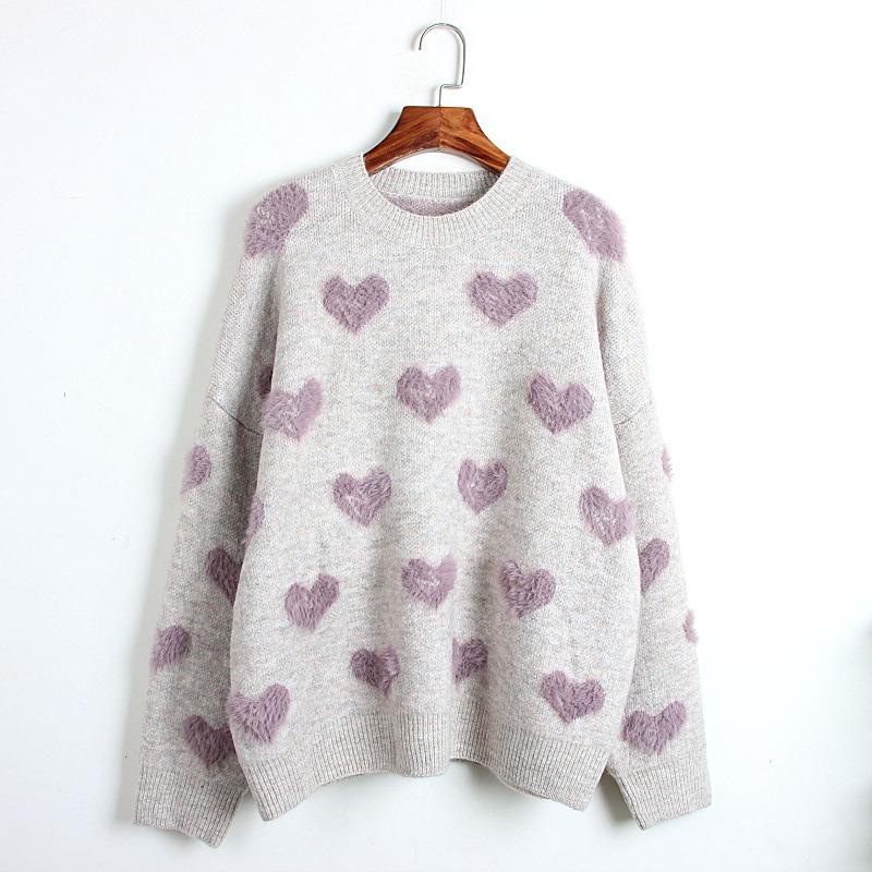 A cozy thick wool pullover sweater for women featuring a charming love pattern, perfect for warm and lazy days.