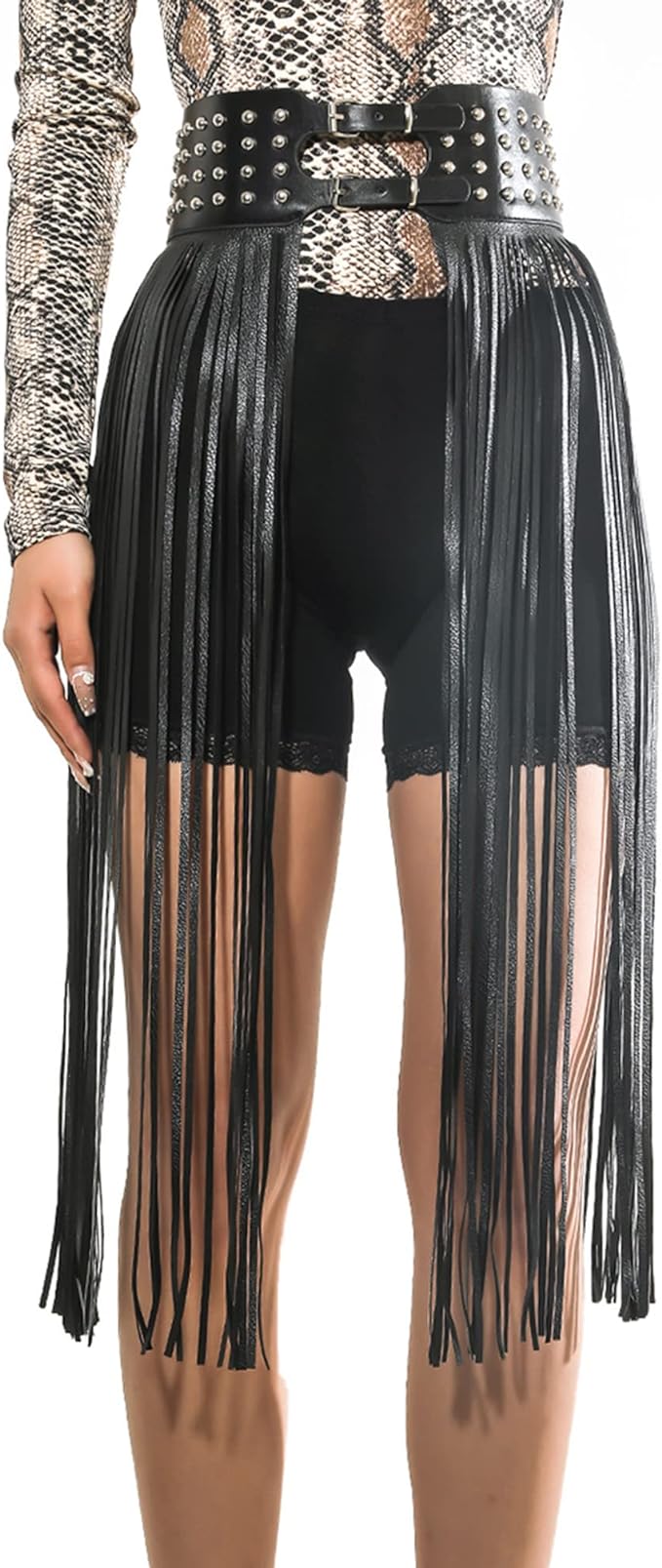 Punk waist belt featuring rivet studs, tassel fringe, and double grommet design, perfect for stylish outfits.