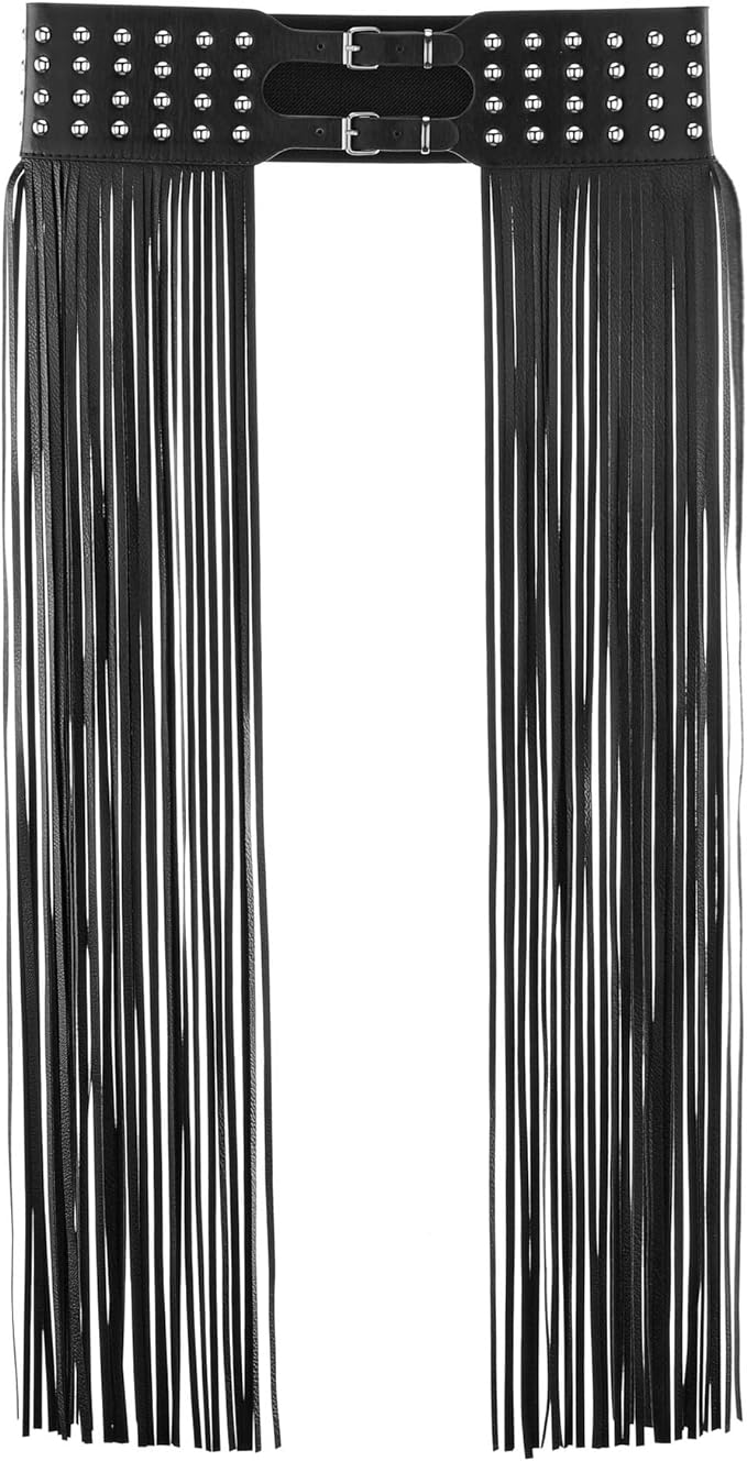 Punk waist belt featuring rivet studs, tassel fringe, and double grommet design, perfect for stylish outfits.