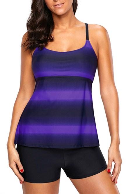 Purple Black Strappy Hollow-out Back Tankini featuring a stylish colorblock design and strappy back for a flattering beach look.