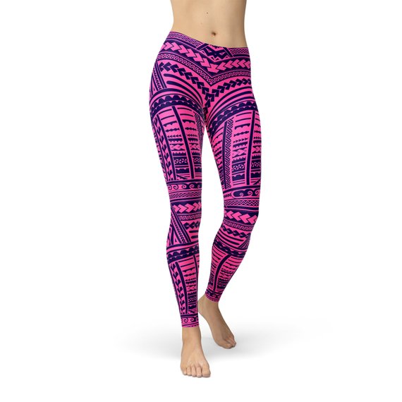 A pair of vibrant Purple Maori Leggings showcasing unique graphic designs, perfect for workouts and casual wear.