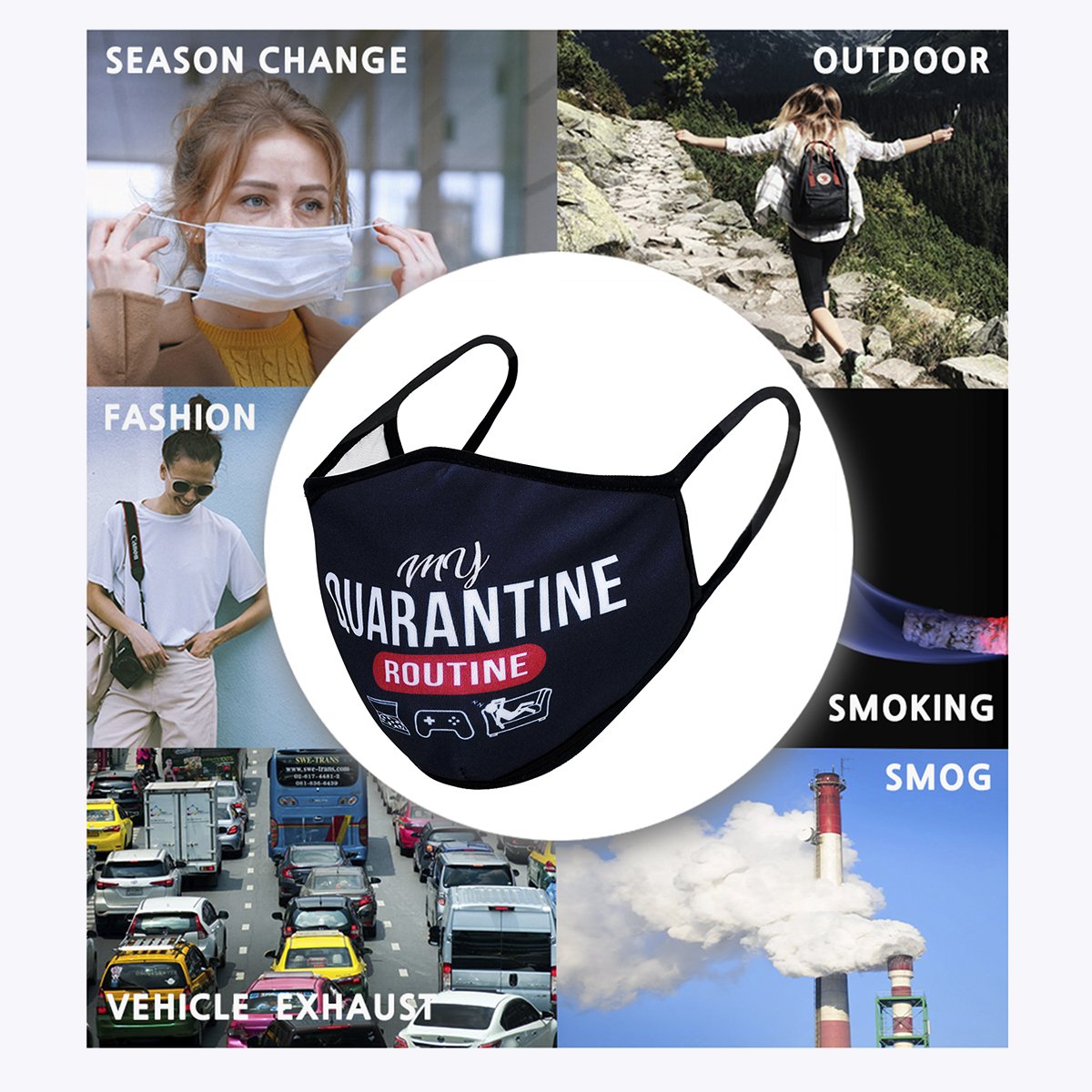 Quarantine 3-Layered Face Cover in unique print design, showcasing its polyester exterior and cotton interior, suitable for unisex wear.