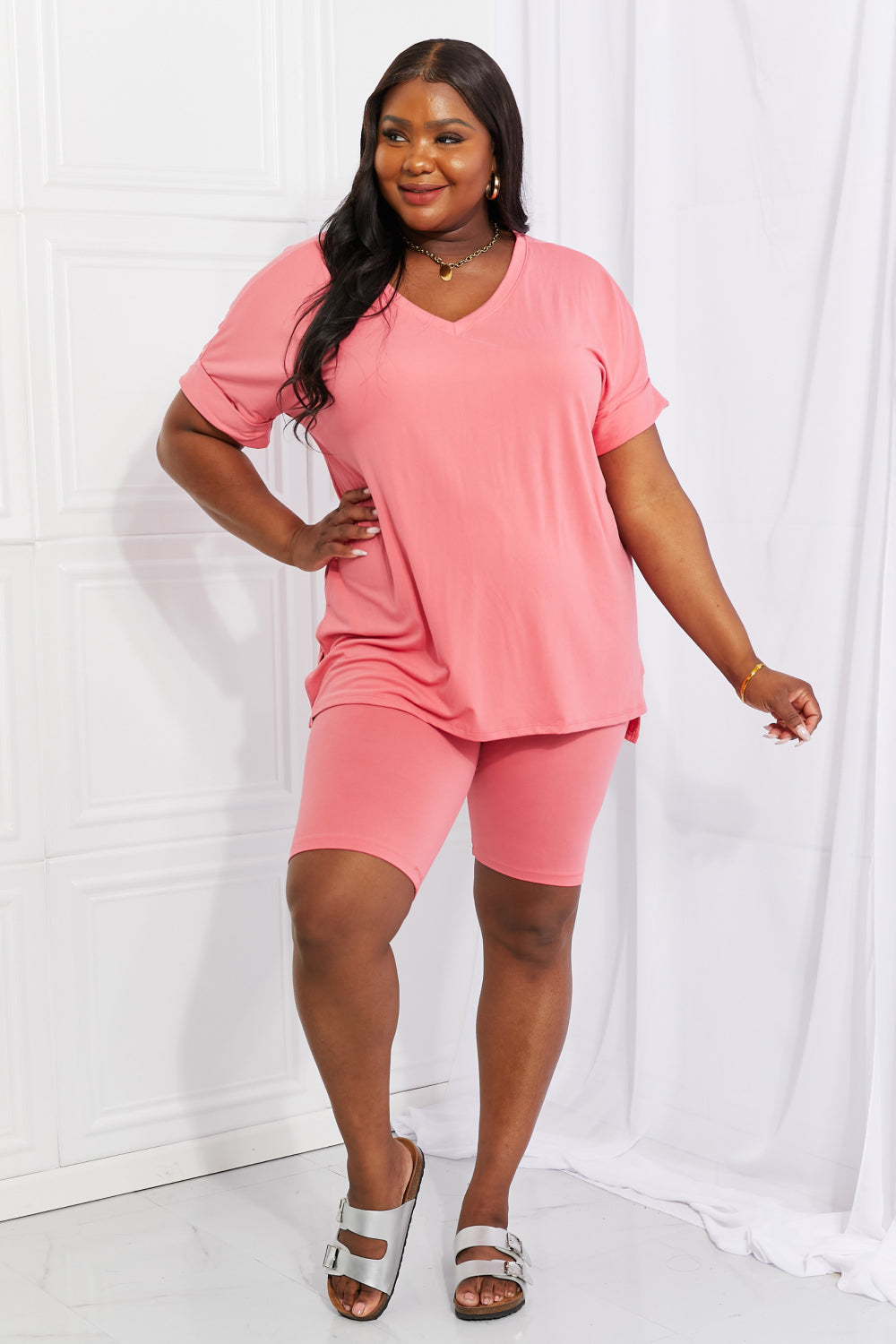 Quiet Moments Brushed Lounge Set in Coral featuring a soft microfiber top and high-rise biker shorts, perfect for lounging.