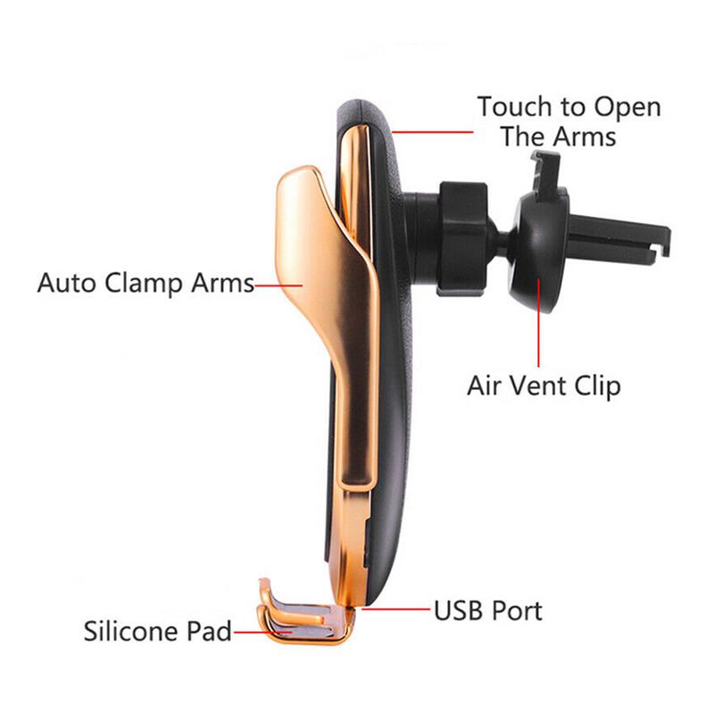 R1 Automatic Clamping 10W Car Wireless Charger with sleek design and automatic clamping feature, suitable for various smartphones.