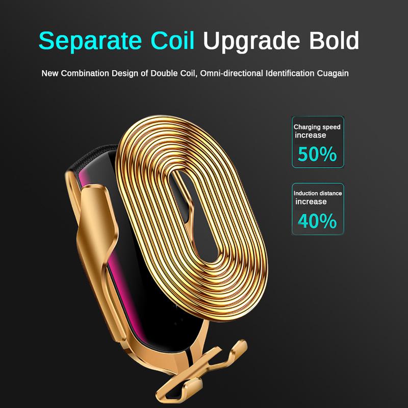 R1 Automatic Clamping 10W Car Wireless Charger with sleek design and automatic clamping feature, suitable for various smartphones.