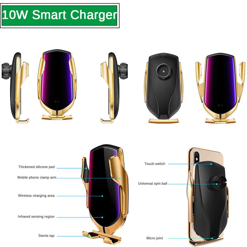 R1 Automatic Clamping 10W Car Wireless Charger with sleek design and automatic clamping feature, suitable for various smartphones.