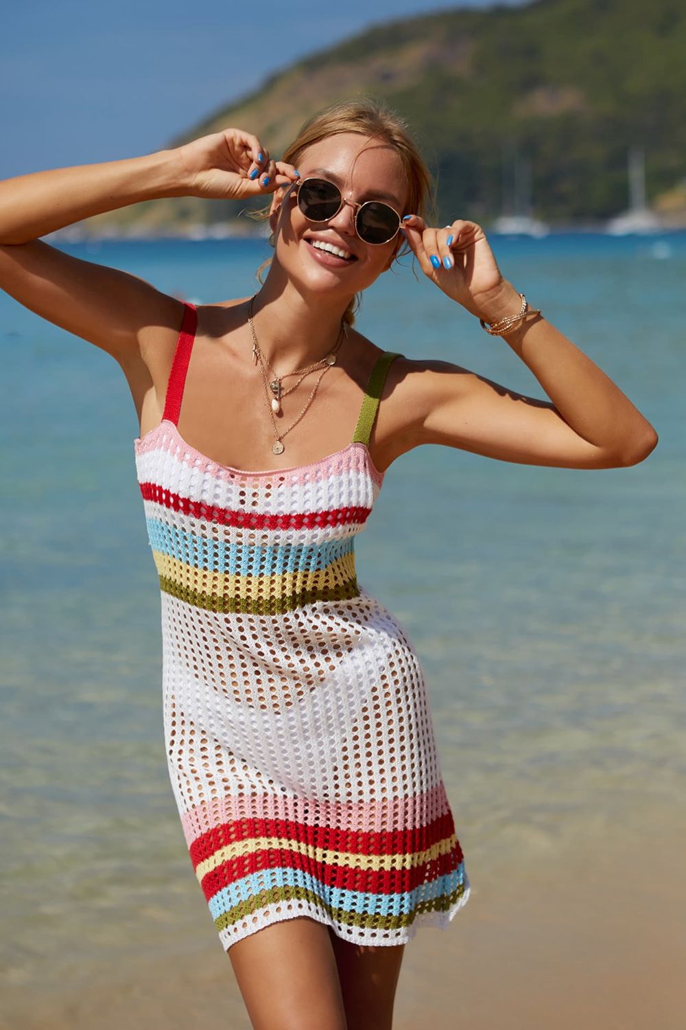 A vibrant Rainbow Stripe Openwork Sleeveless Cover-Up Dress featuring a tricolor pattern and square neckline, perfect for summer outings.