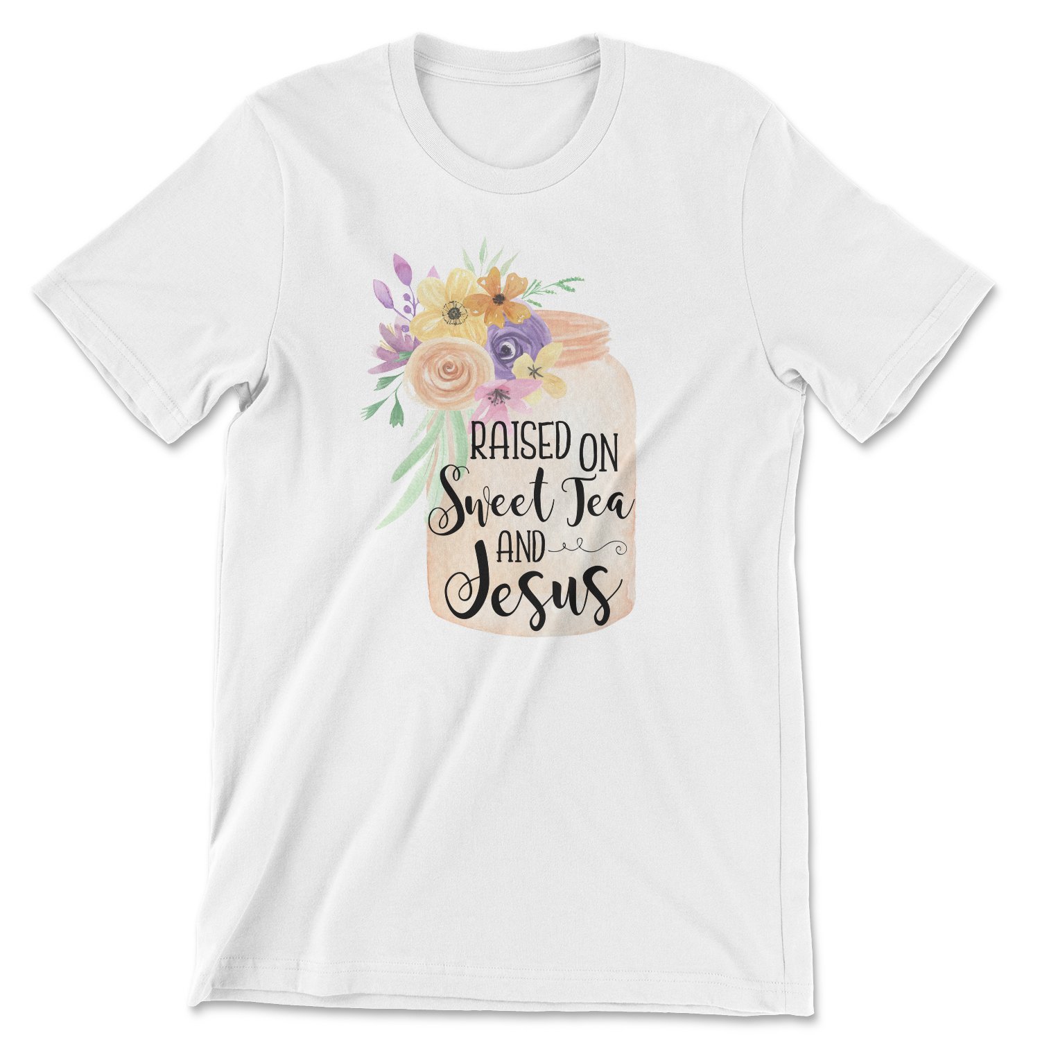 A comfortable unisex tee featuring the phrase 'Raised on Sweet Tea and Jesus', designed and printed in the USA.