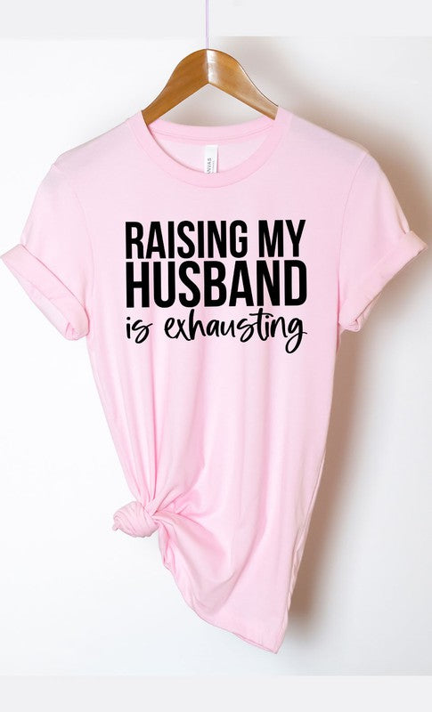 Raising My Husband Graphic Tee PLUS in various colors showcasing its unique design and fabric blend.